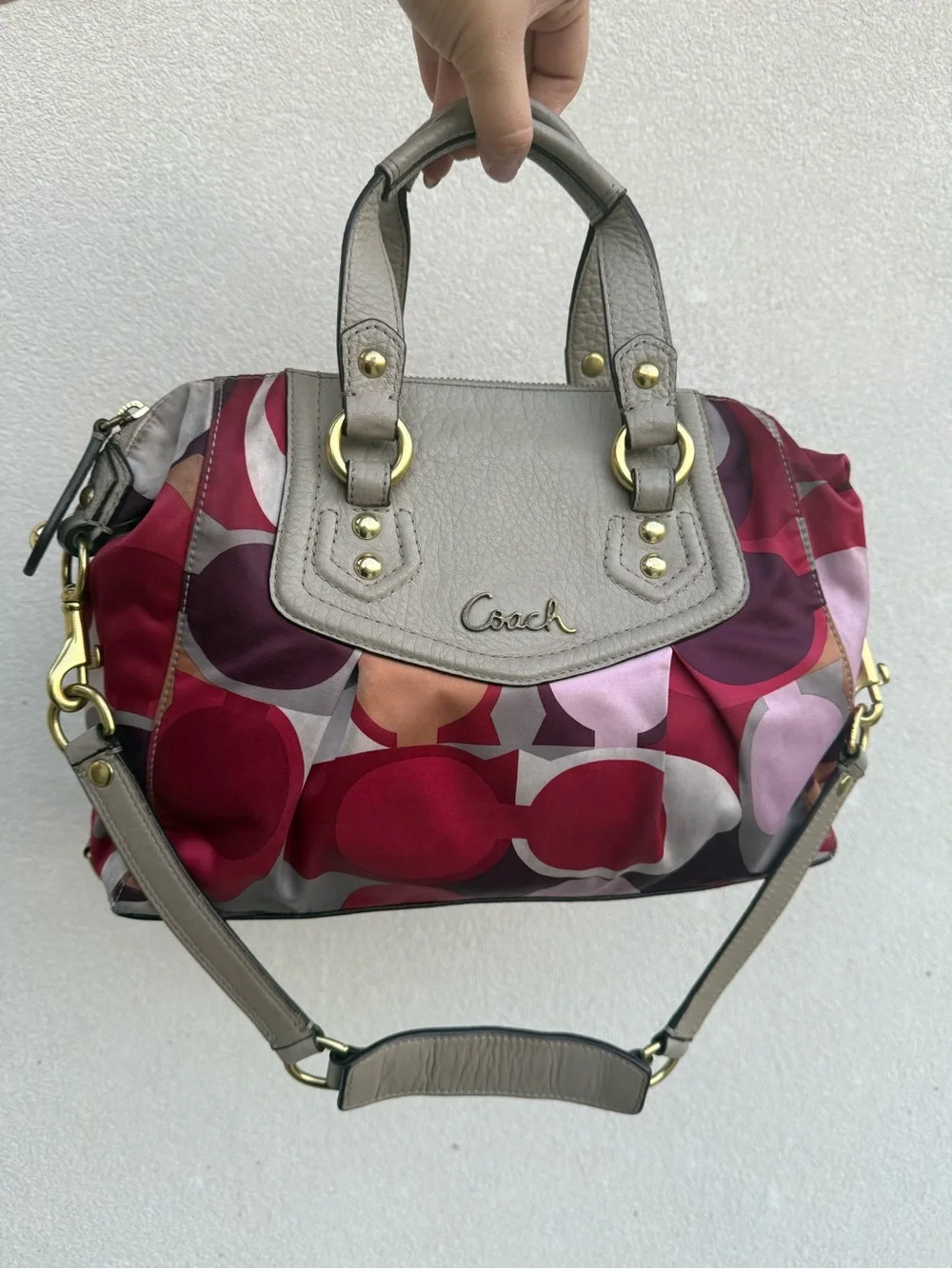 Coach Multicolor Circle Print Satchel in Taupe, Red & Pink